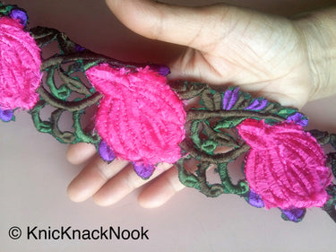 Fabric Cut Work Trim With Fuchsia Pink, Purple And Green Floral Embroidery, 72mm wide - 200317L267